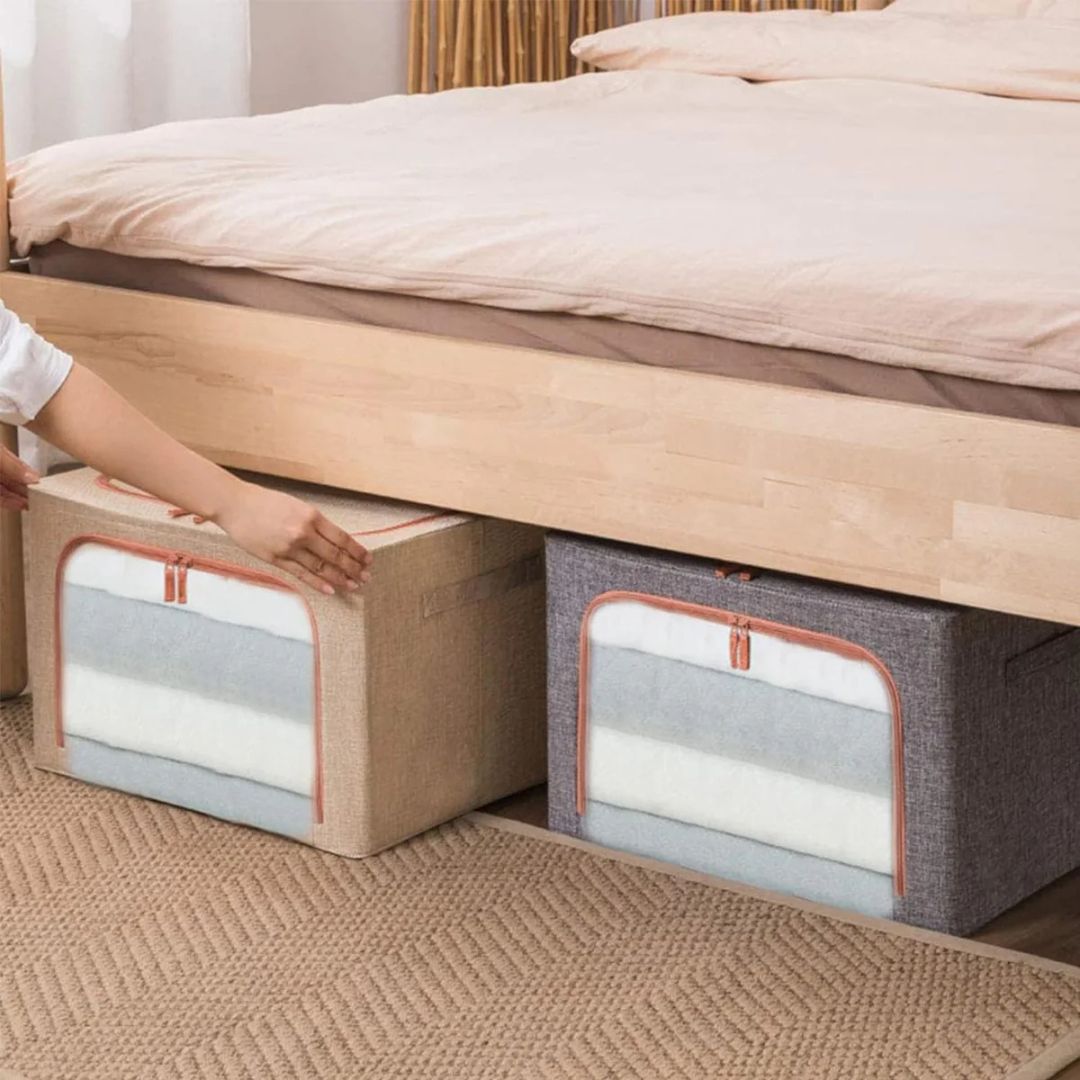 2 x 66L Foldable Large Capacity Cloth Storage, Wardrobe Organizer Box with Steel Frame Support
