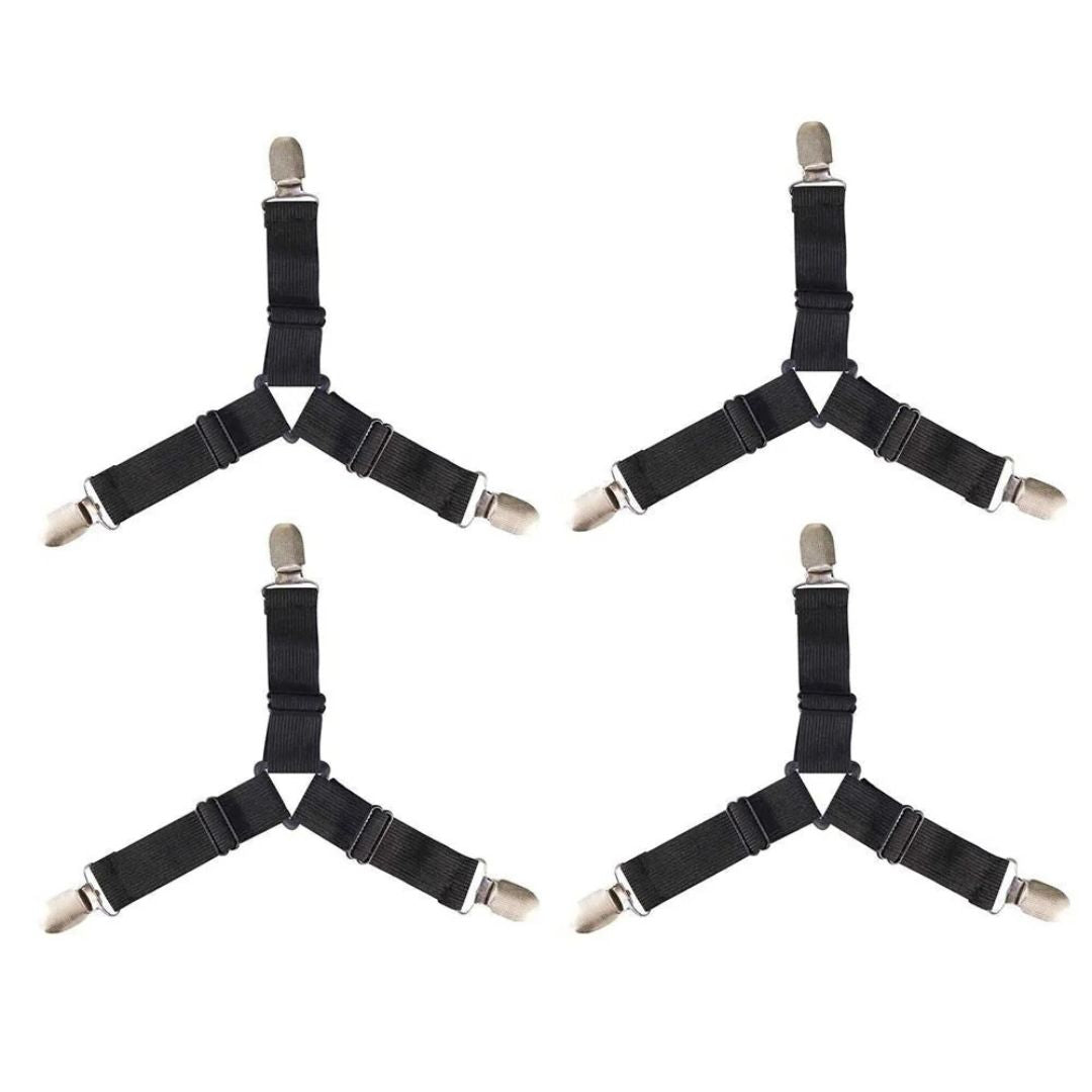 Adjustable Bed Sheet Holder Straps - Triangle Elastic Suspenders with Gripper Clips for Bedsheets, Mattresses