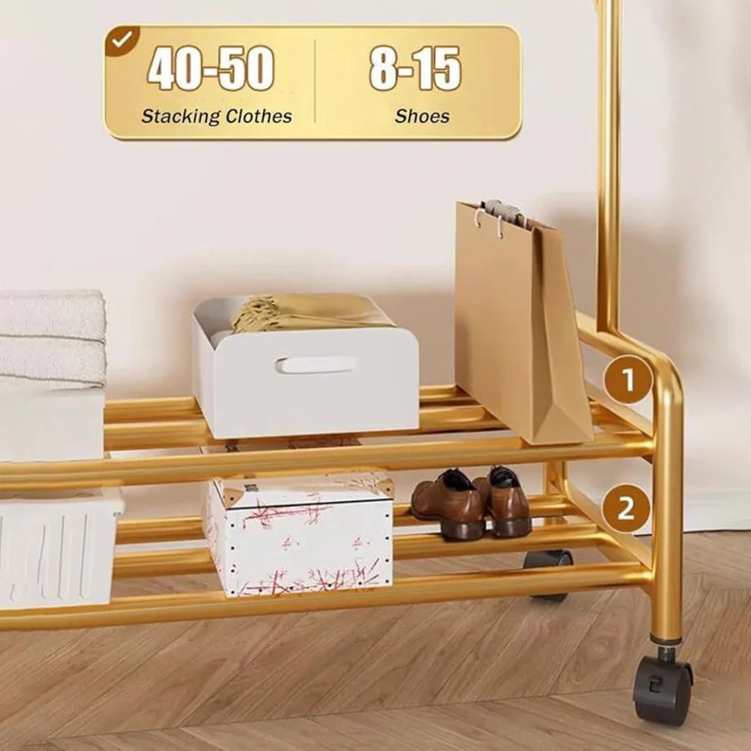 Heavy Duty Clothes Organizer Hanger Rack, Movable Cloth Display Stand with Lower Storage Shelf
