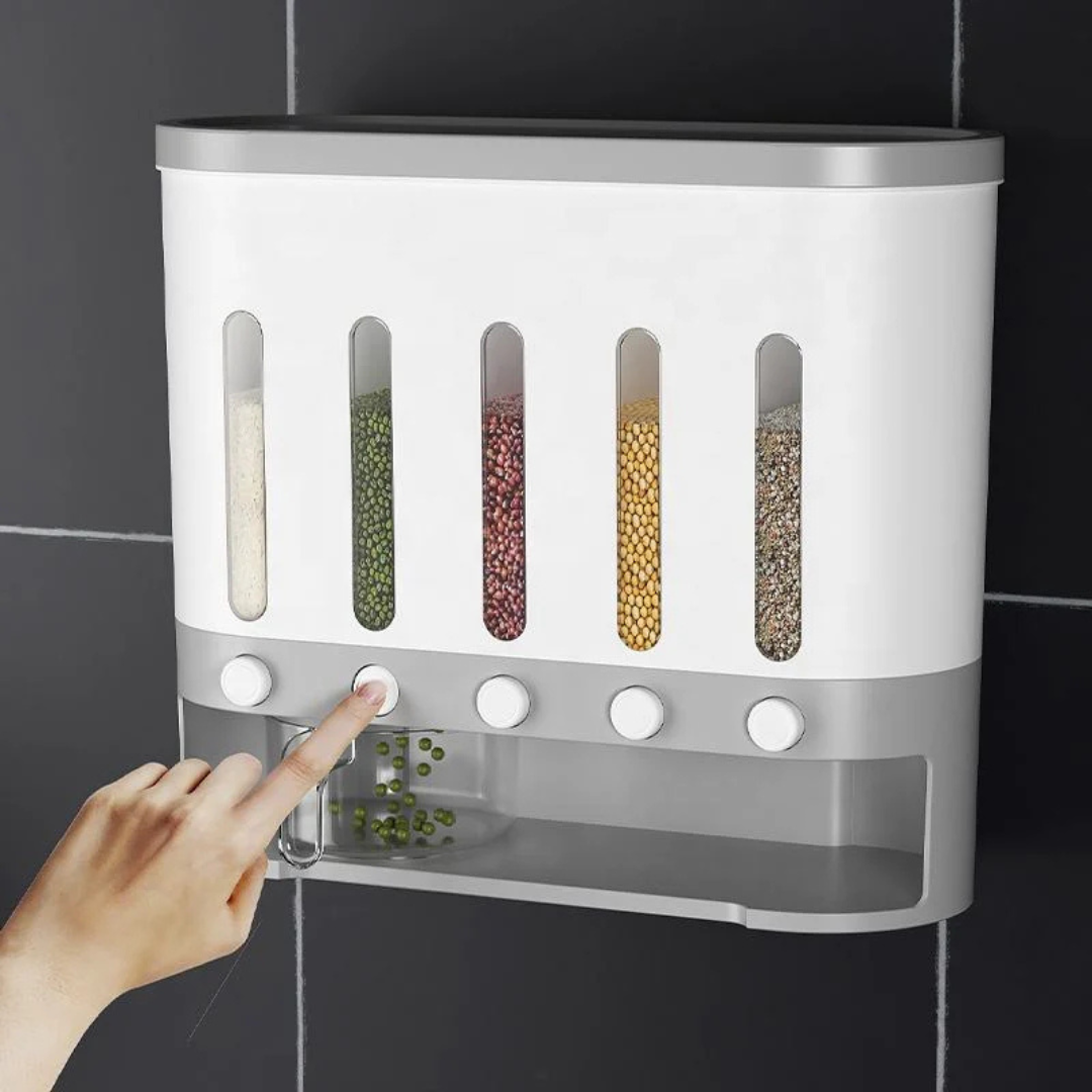 Wall Mounted 5-Grid Dry Food Dispenser - 10L Cereal and Rice Storage Container