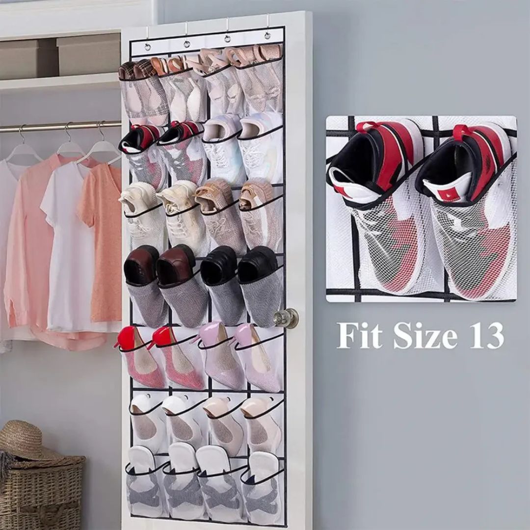 Over the Door Shoe Holder Rack - 28 Pocket Closet Organizer, Hanging Storage Hanger for Slippers, Toys, Clothes