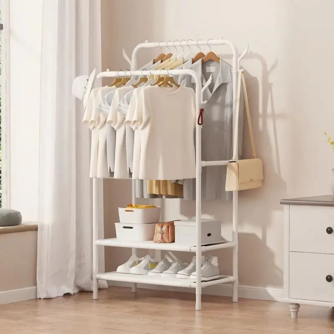 Multifunctional Cloth Rack with Shoe Stand, Double Rod Garment Hanger, Coat and Hat Rack