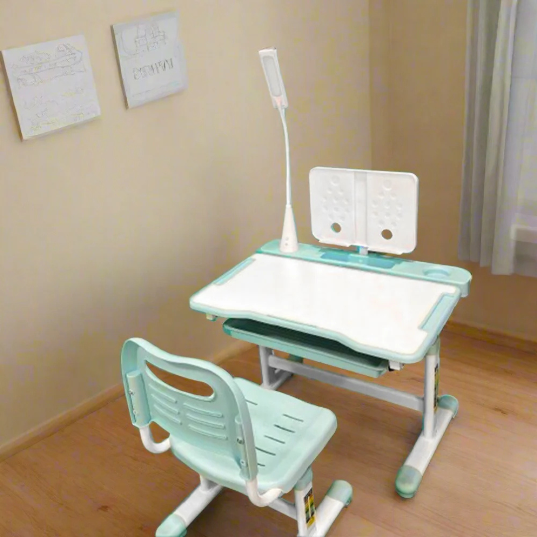Kids Study Desk and Chair Set, Height Adjustable Children Furniture Set with Lamp