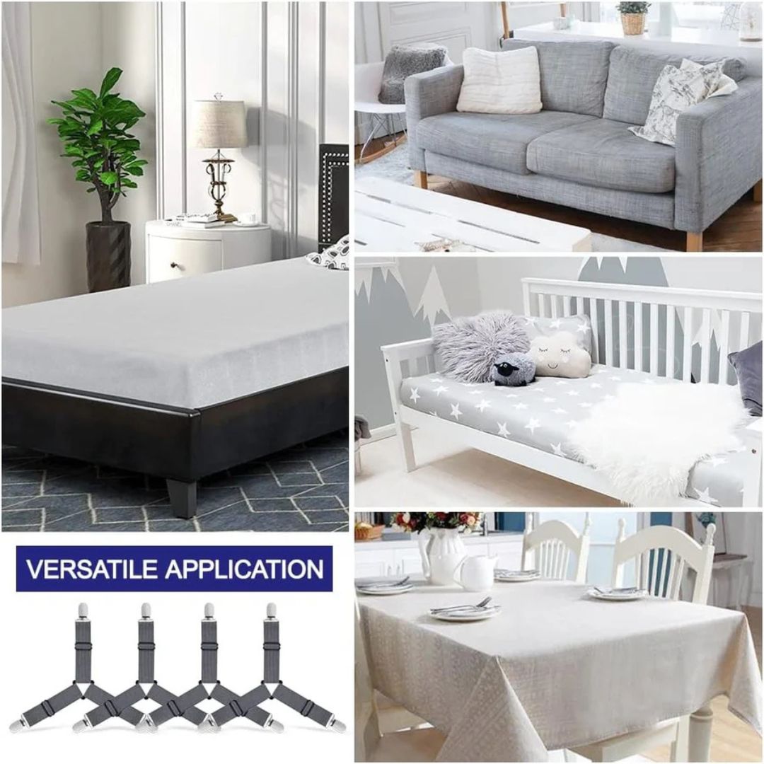 Adjustable Bed Sheet Holder Straps - Triangle Elastic Suspenders with Gripper Clips for Bedsheets, Mattresses