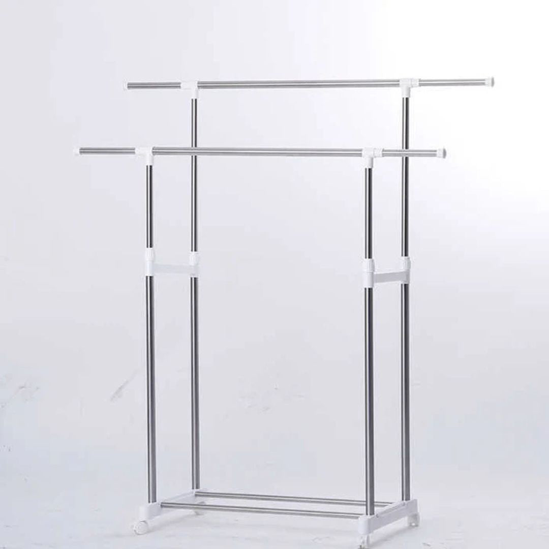 Double Rods Clothes Drying Stand, Garment Rack with Wheels Height Adjustable Hanger