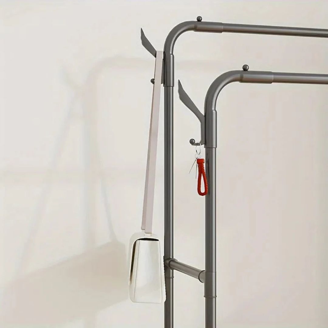Multifunctional Cloth Rack with Shoe Stand, Double Rod Garment Hanger, Coat and Hat Rack