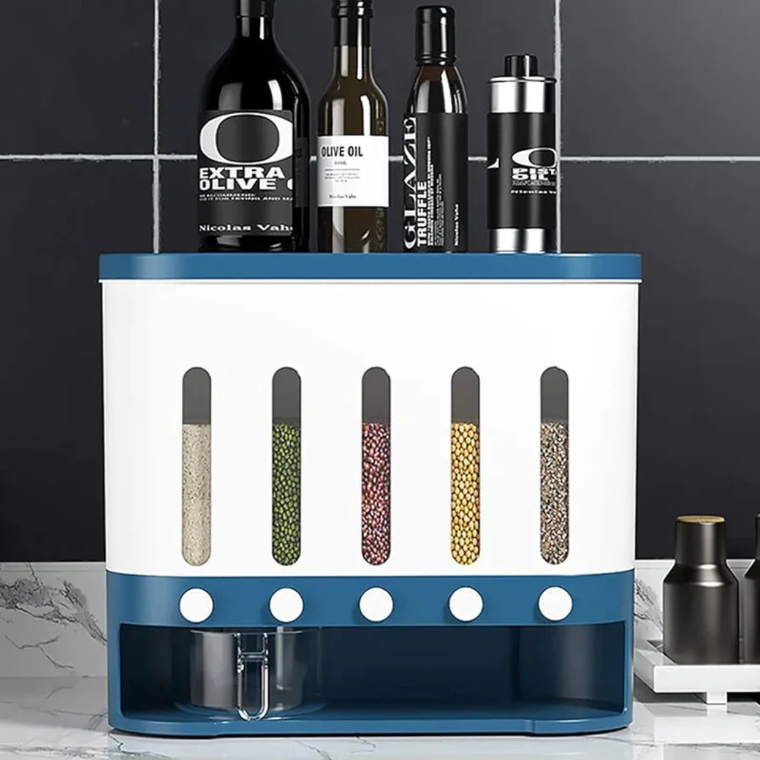 Wall Mounted 5-Grid Dry Food Dispenser - 10L Cereal and Rice Storage Container