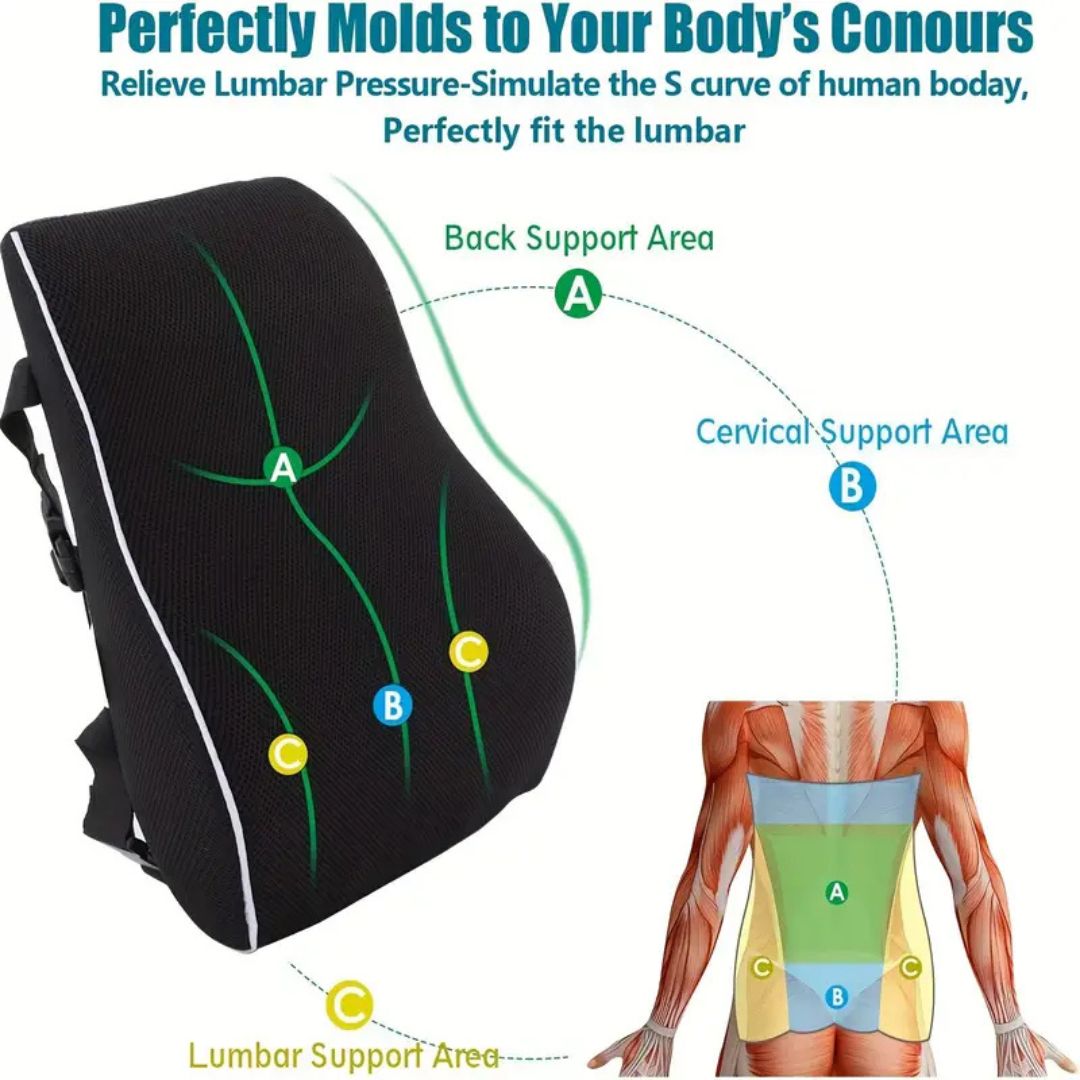 Ergonomic Memory Foam Lumbar Support Pillow with Breathable Mesh Cover - Compressible Back Cushion