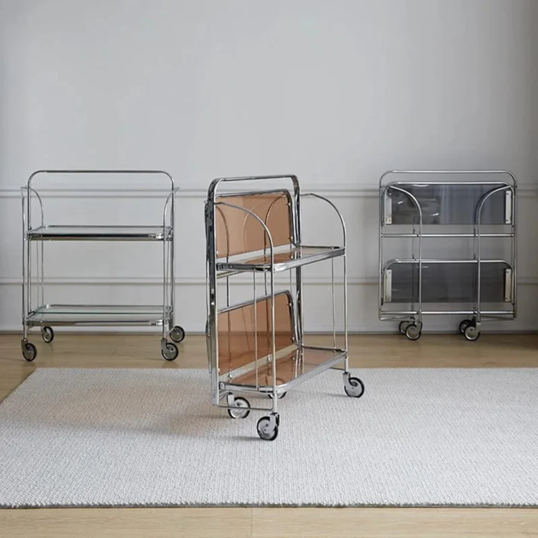 Folding 2-Tier Serving Trolley, Storage Rolling Cart, Mobile Glass Dining Rack Shelf