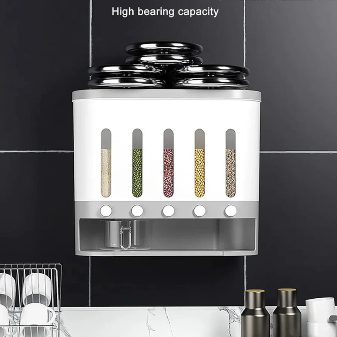 Wall Mounted 5-Grid Dry Food Dispenser - 10L Cereal and Rice Storage Container