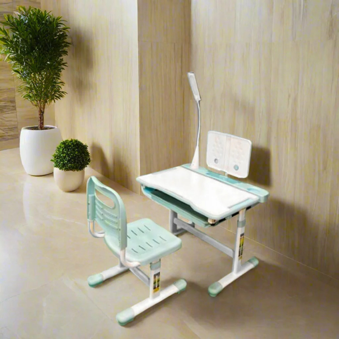 Kids Study Desk and Chair Set, Height Adjustable Children Furniture Set with Lamp