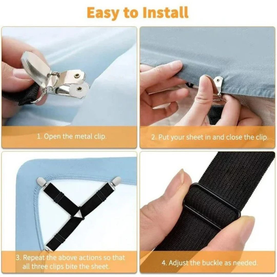 Adjustable Bed Sheet Holder Straps - Triangle Elastic Suspenders with Gripper Clips for Bedsheets, Mattresses
