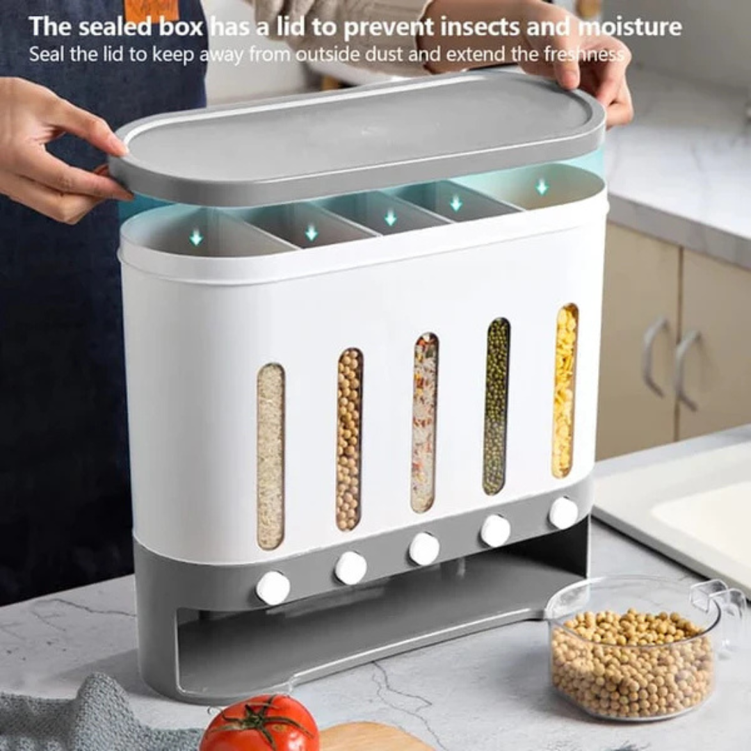 Wall Mounted 5-Grid Dry Food Dispenser - 10L Cereal and Rice Storage Container