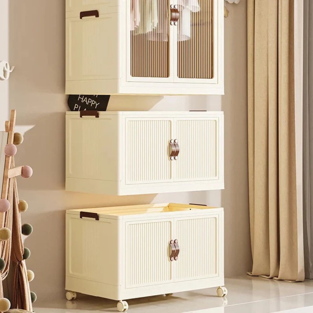 Portable Folding Storage Cabinet with Wheels, Baby Kid Clothing Toy Wardrobe
