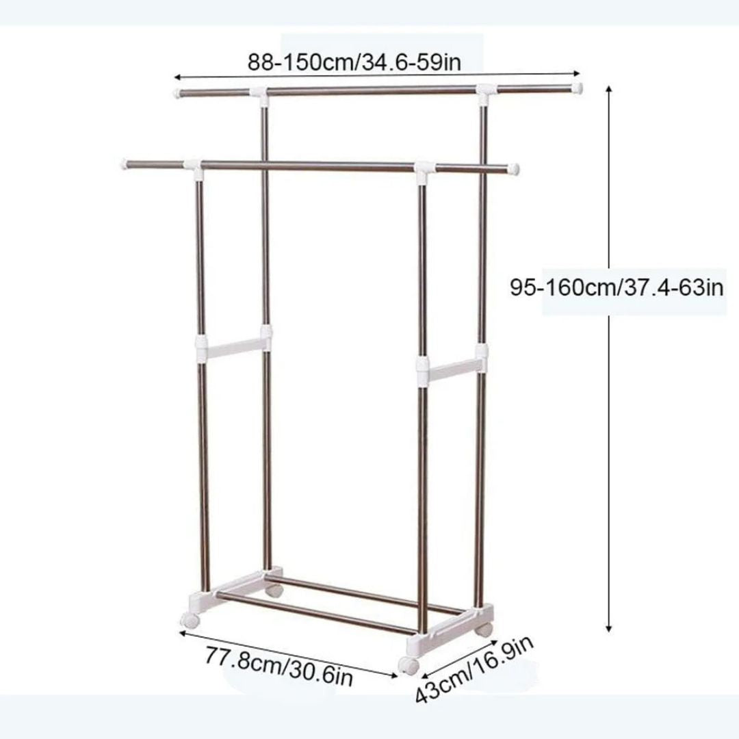 Double Rods Clothes Drying Stand, Garment Rack with Wheels Height Adjustable Hanger