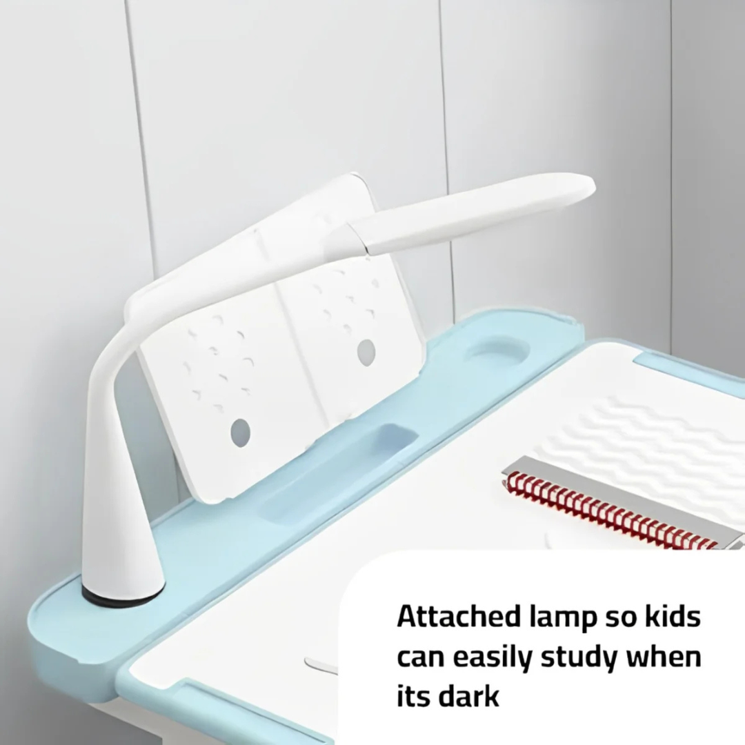 Kids Study Desk and Chair Set, Height Adjustable Children Furniture Set with Lamp
