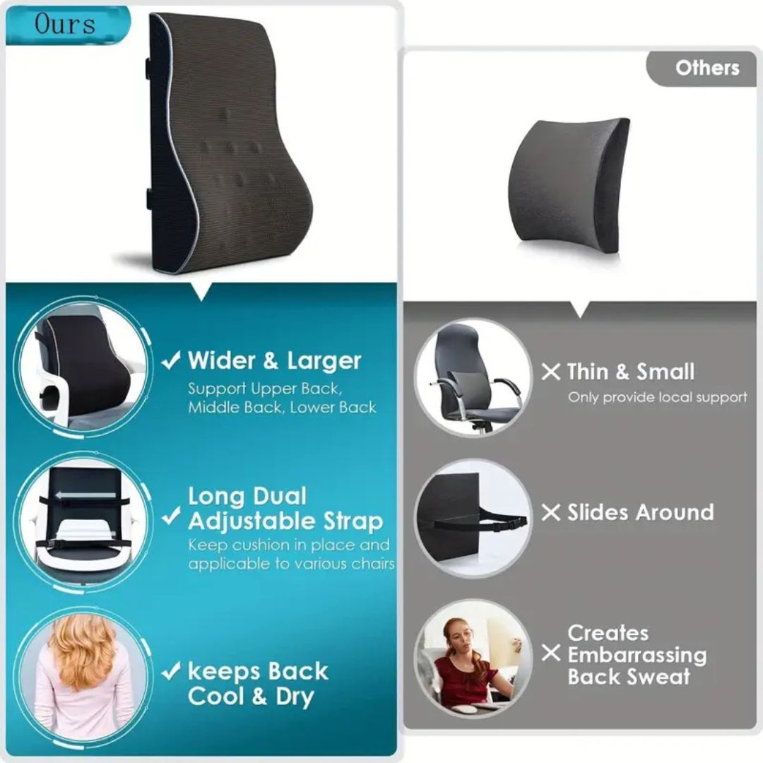 Ergonomic Memory Foam Lumbar Support Pillow with Breathable Mesh Cover - Compressible Back Cushion