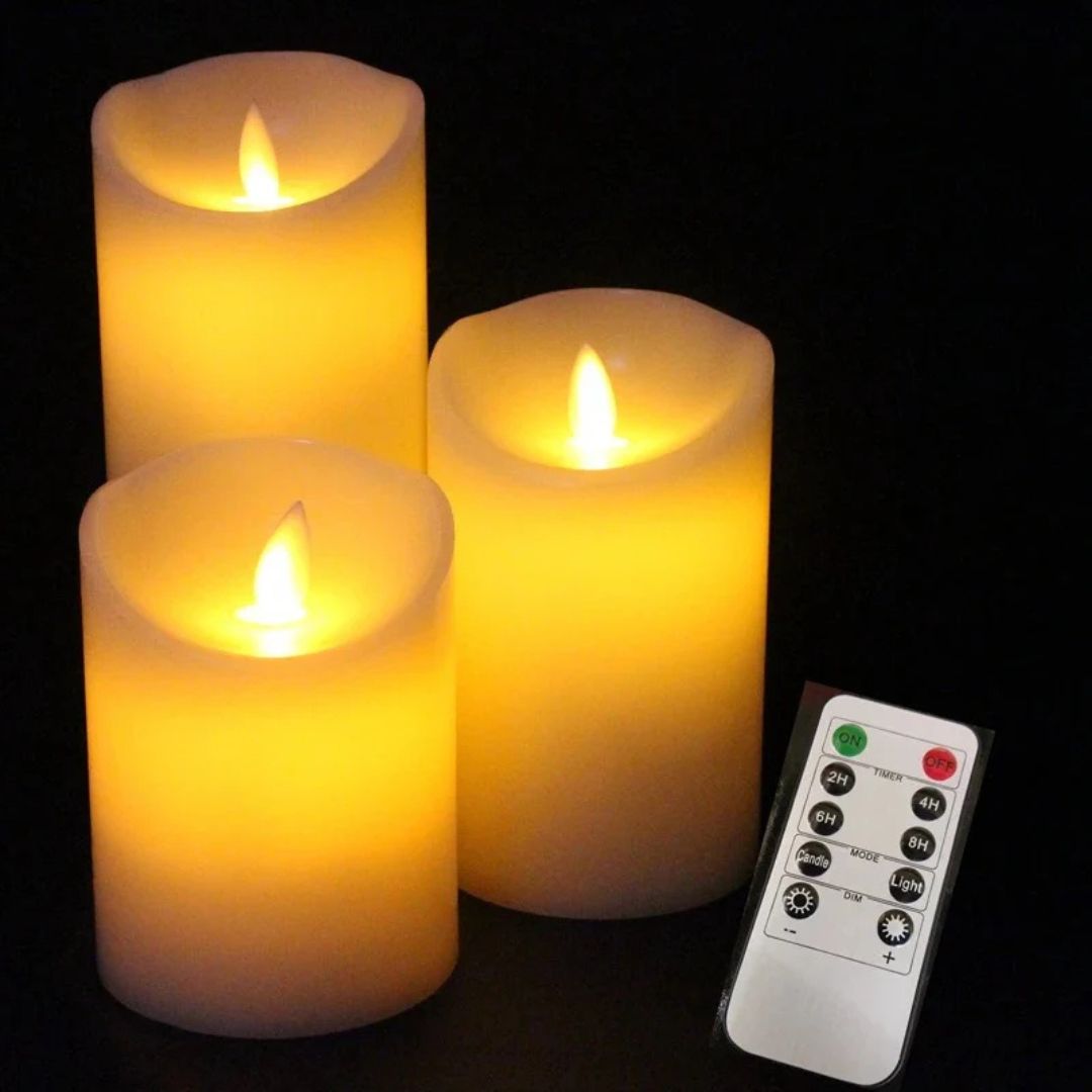 شموع LED بدون لهب مع جهاز تحكم عن بعد ومؤقت - 3 قطع/مجموعة