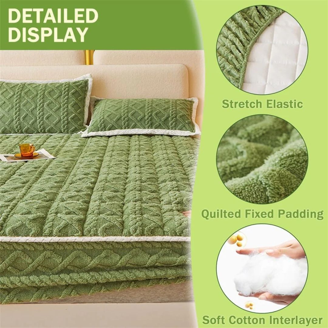 Cozy Coral Fleece Fitted Bedsheets with 2 Pillowcase - Soft Quilted Mattress Cover for Comfort