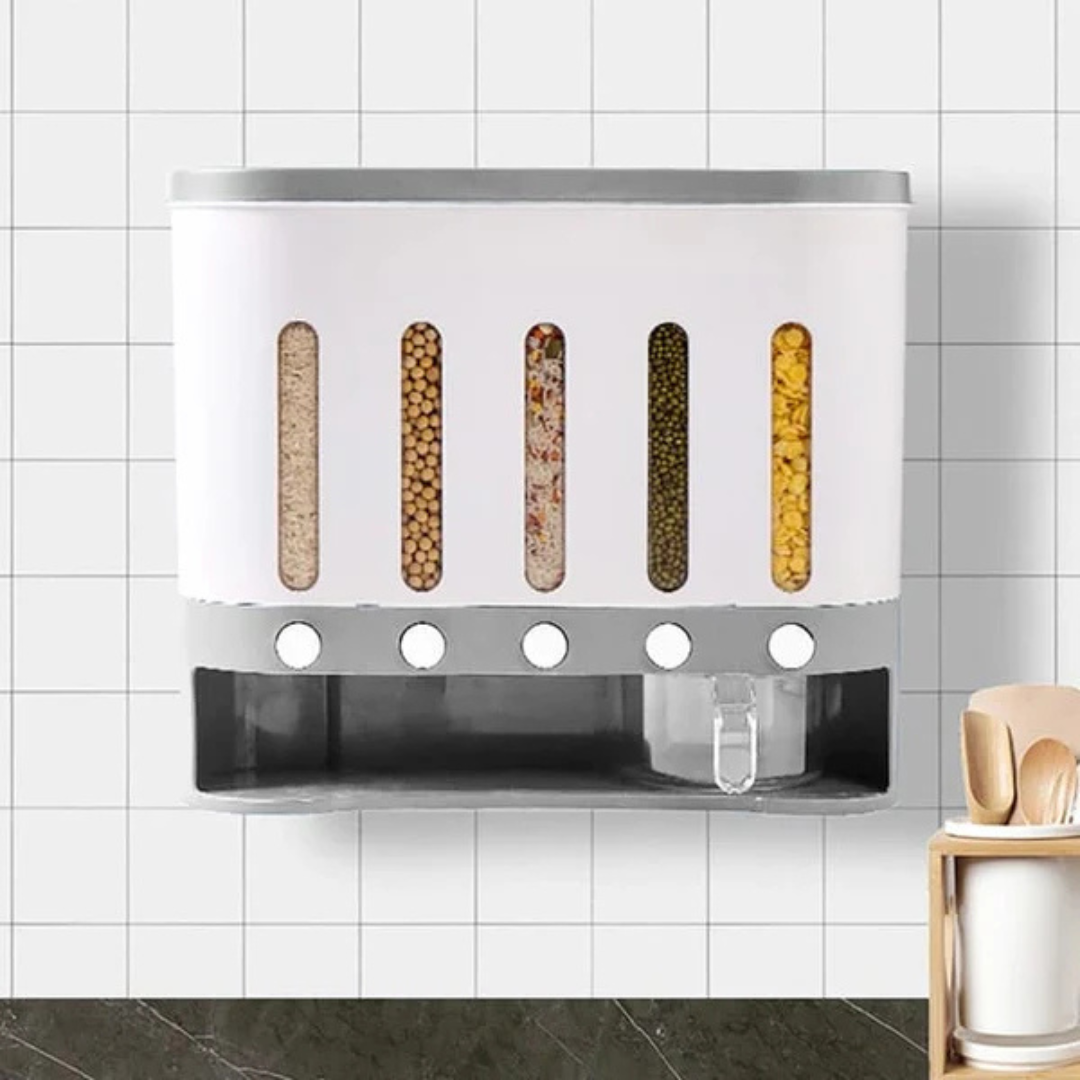 Wall Mounted 5-Grid Dry Food Dispenser - 10L Cereal and Rice Storage Container