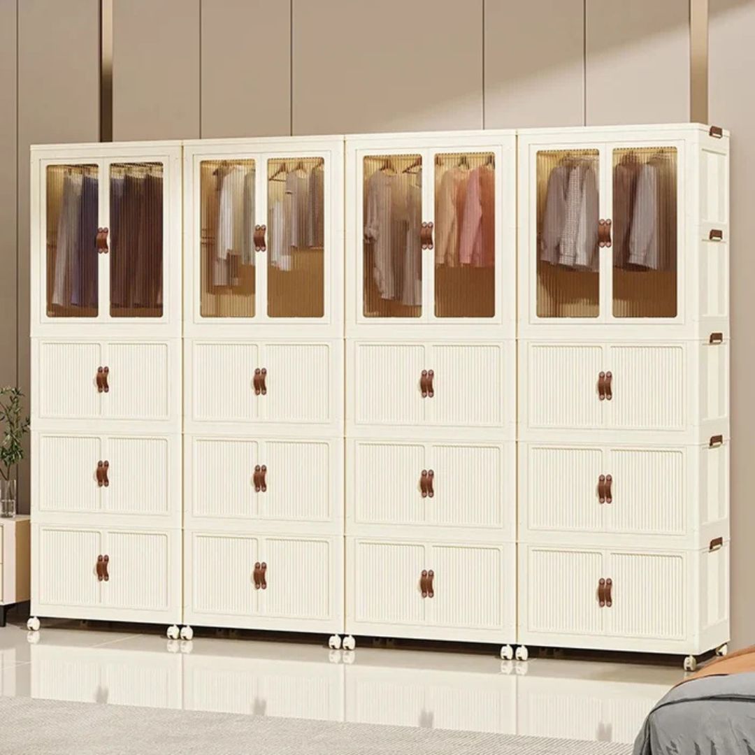 Portable Folding Storage Cabinet with Wheels, Baby Kid Clothing Toy Wardrobe