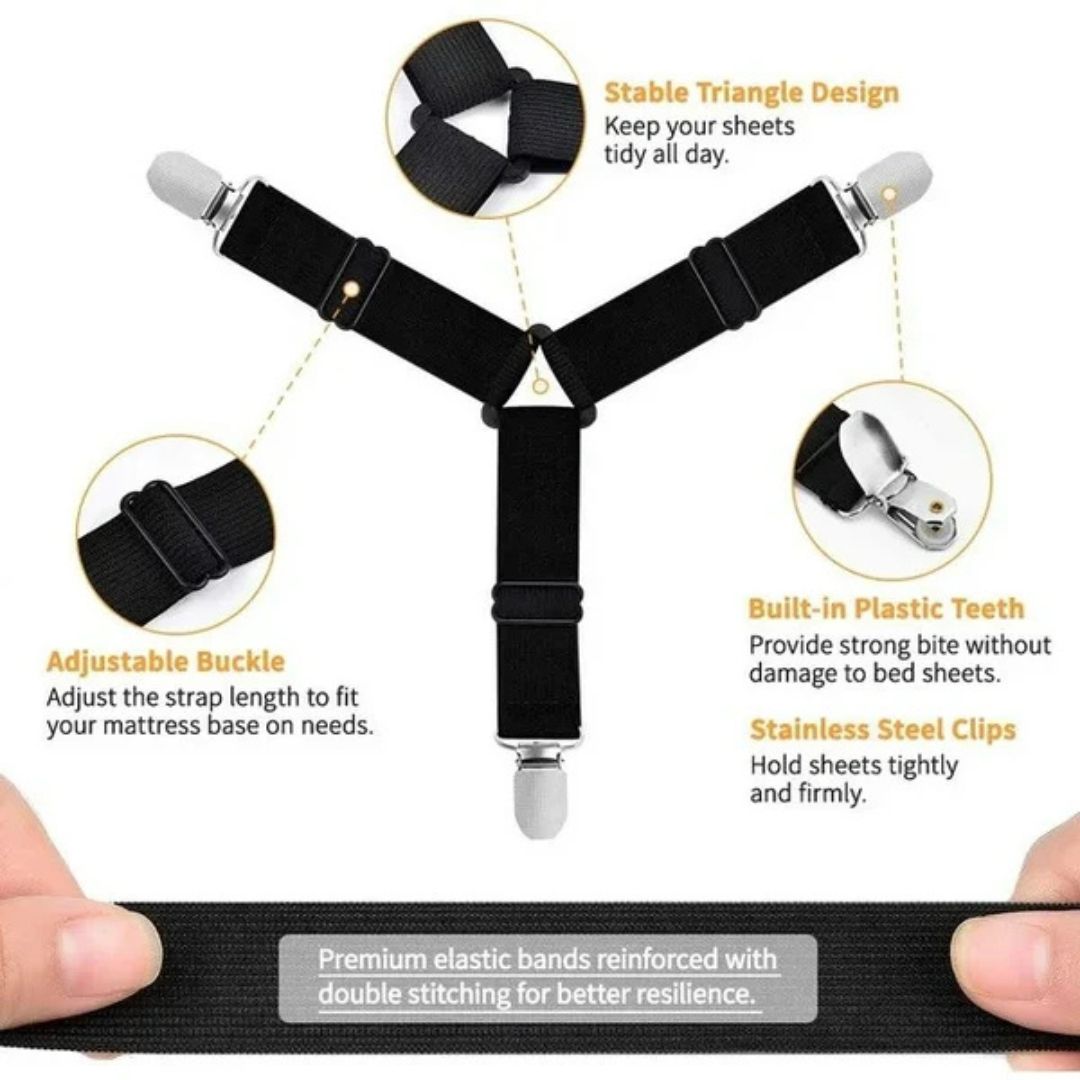 Adjustable Bed Sheet Holder Straps - Triangle Elastic Suspenders with Gripper Clips for Bedsheets, Mattresses