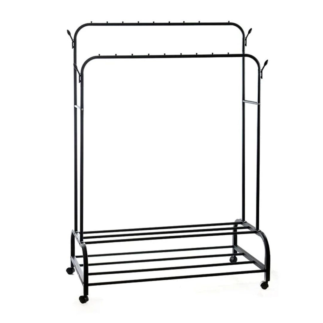Garment Rack, Cloth Organizer Stand with Bottom Double Layer Shoe Rack Shelf With Wheels