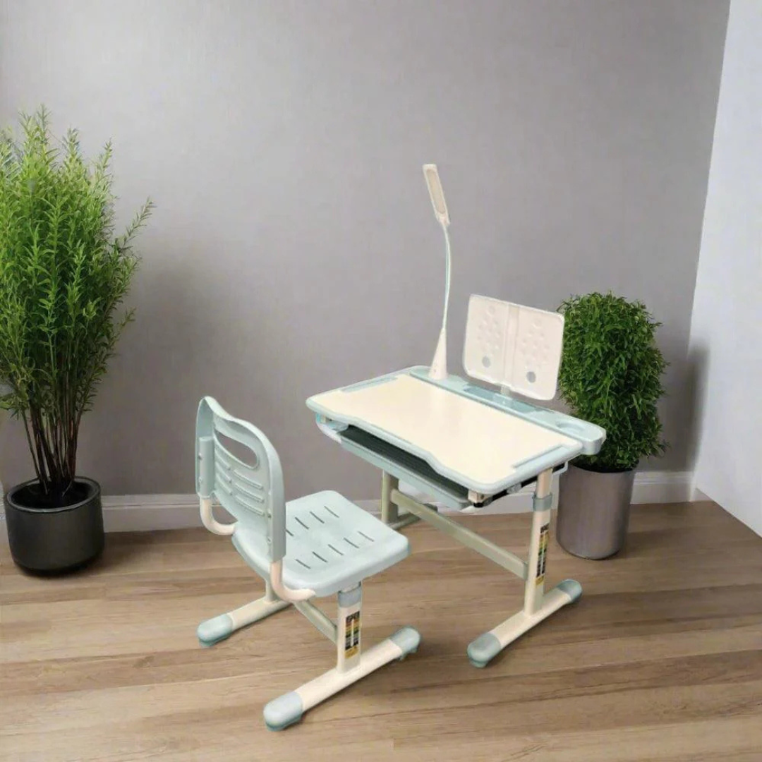Kids Study Desk and Chair Set, Height Adjustable Children Furniture Set with Lamp