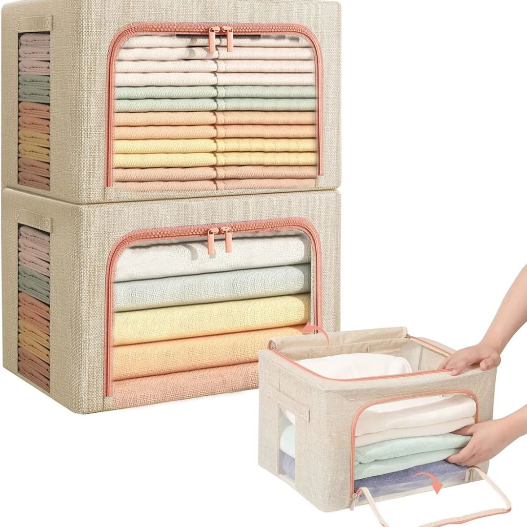 2 x 66L Foldable Large Capacity Cloth Storage, Wardrobe Organizer Box with Steel Frame Support