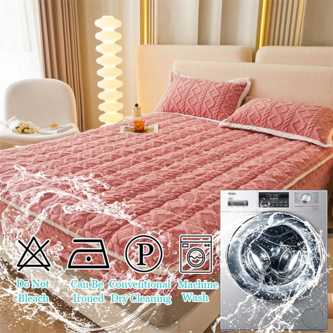 Cozy Coral Fleece Fitted Bedsheets with 2 Pillowcase - Soft Quilted Mattress Cover for Comfort