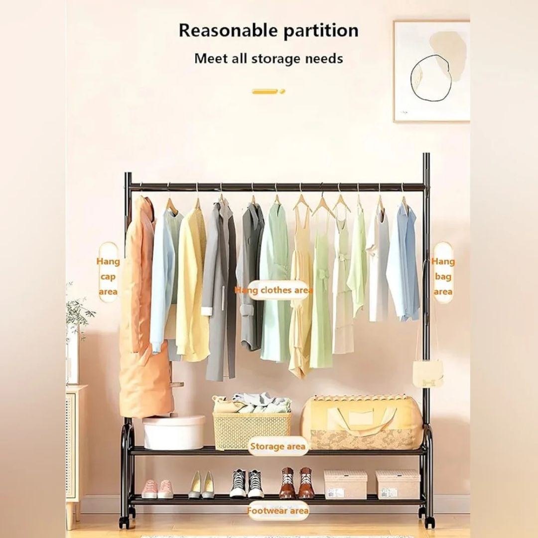 Heavy Duty Clothes Organizer Hanger Rack, Movable Cloth Display Stand with Lower Storage Shelf
