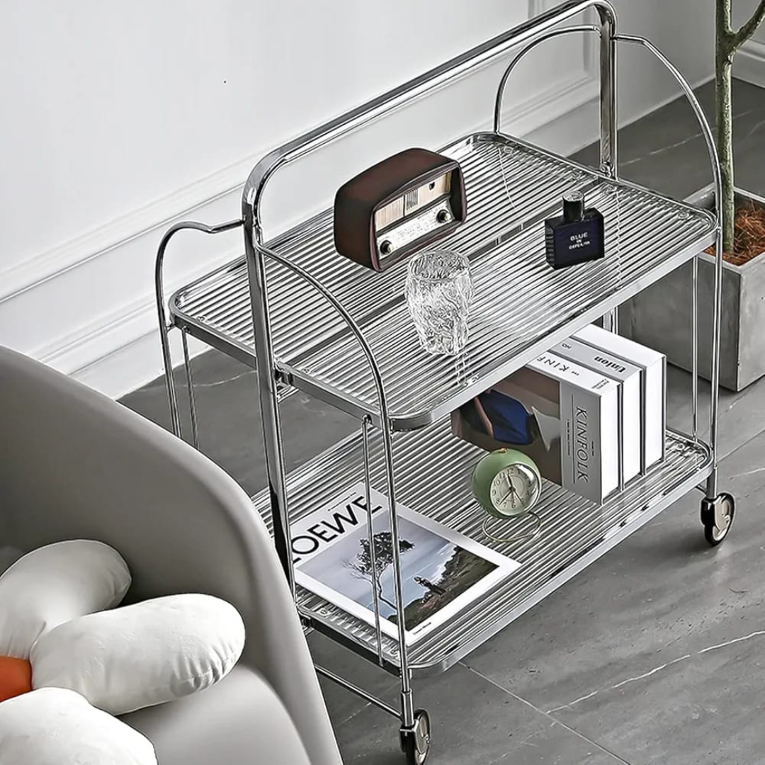 Folding 2-Tier Serving Trolley, Storage Rolling Cart, Mobile Glass Dining Rack Shelf