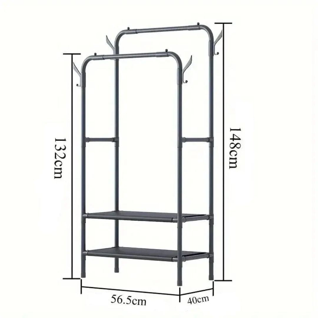 Multifunctional Cloth Rack with Shoe Stand, Double Rod Garment Hanger, Coat and Hat Rack