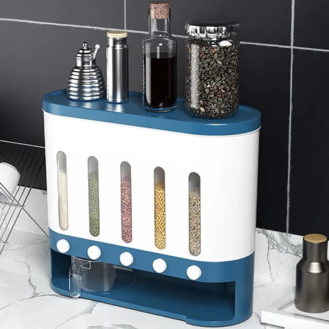 Wall Mounted 5-Grid Dry Food Dispenser - 10L Cereal and Rice Storage Container