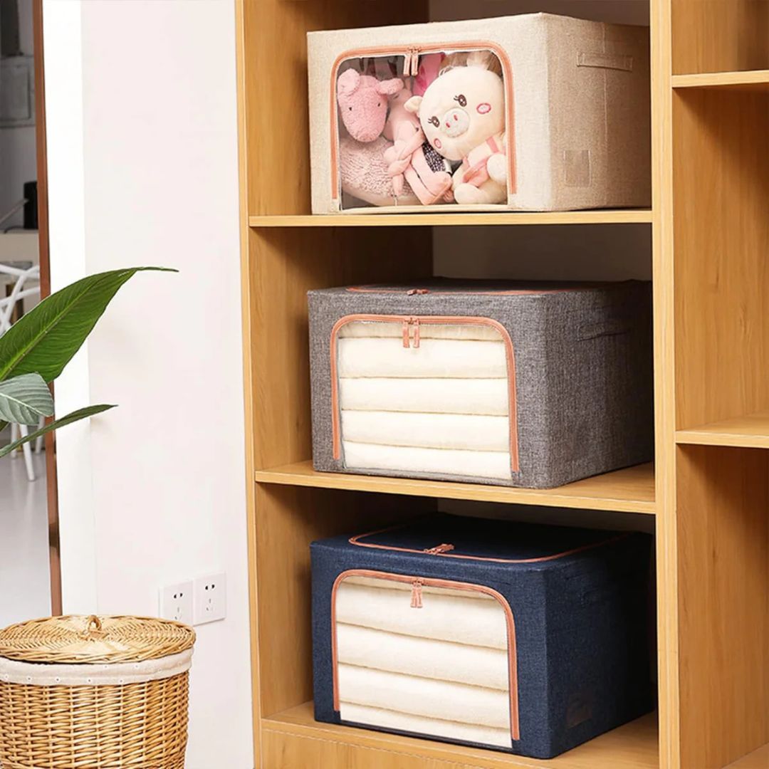 2 x 66L Foldable Large Capacity Cloth Storage, Wardrobe Organizer Box with Steel Frame Support