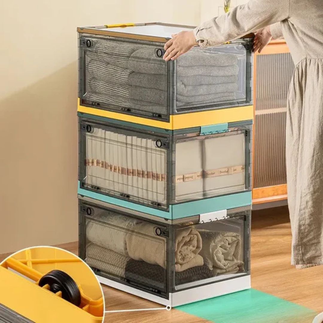 Foldable Plastic Storage Boxes with Latching Lids & Wheels, Clear Storage Stackable Container Bins