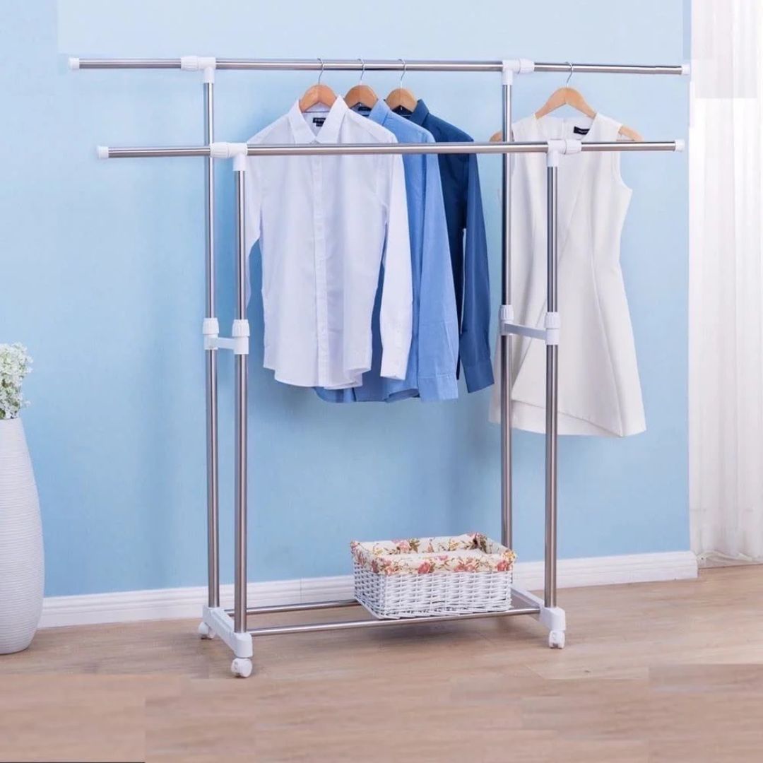 Double Rods Clothes Drying Stand, Garment Rack with Wheels Height Adjustable Hanger