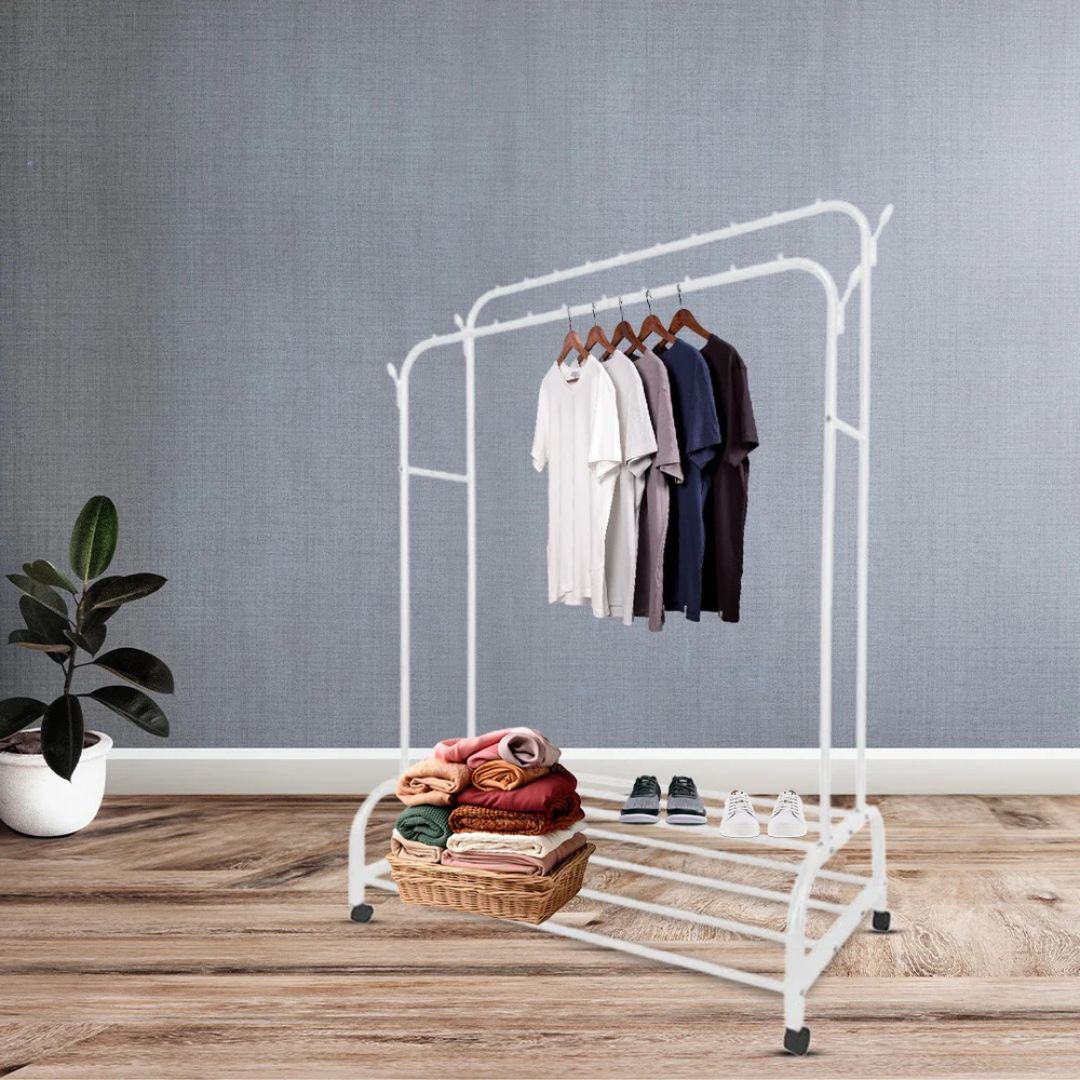 Garment Rack, Cloth Organizer Stand with Bottom Double Layer Shoe Rack Shelf With Wheels