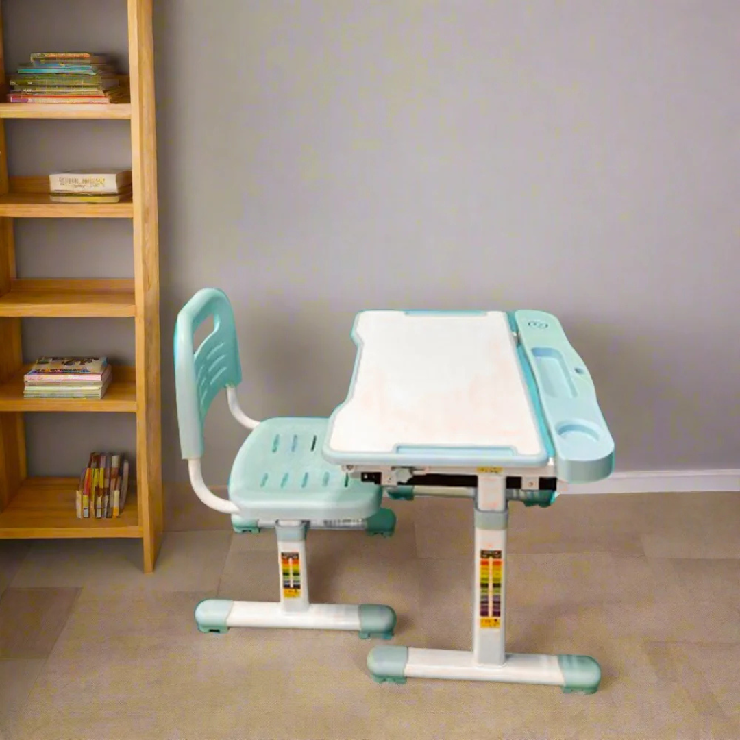 Kids Study Desk and Chair Set, Height Adjustable Children Furniture Set with Lamp