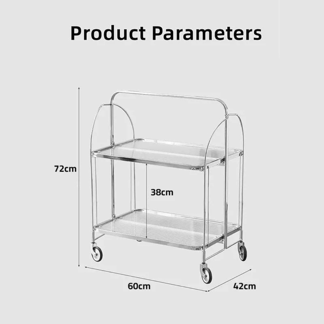 Folding 2-Tier Serving Trolley, Storage Rolling Cart, Mobile Glass Dining Rack Shelf