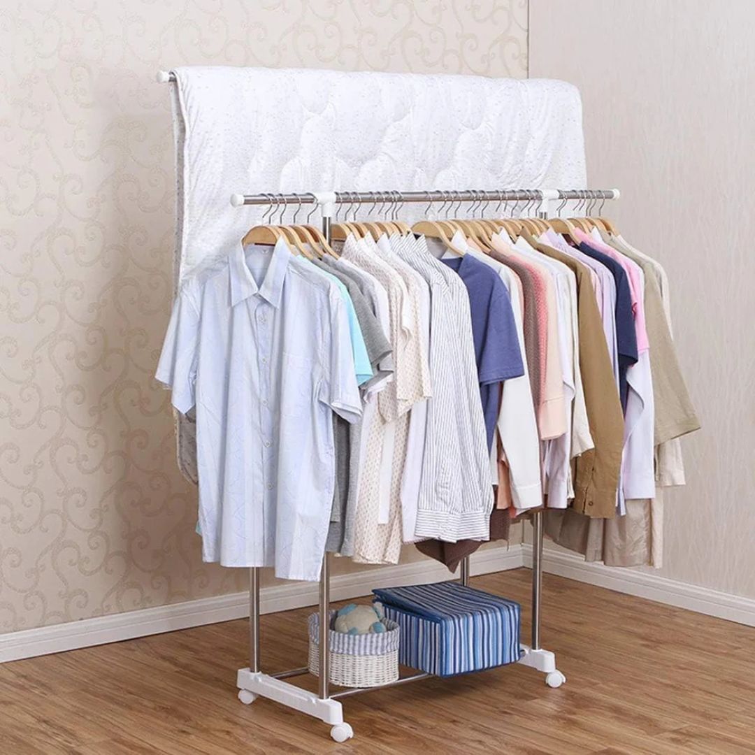 Double Rods Clothes Drying Stand, Garment Rack with Wheels Height Adjustable Hanger