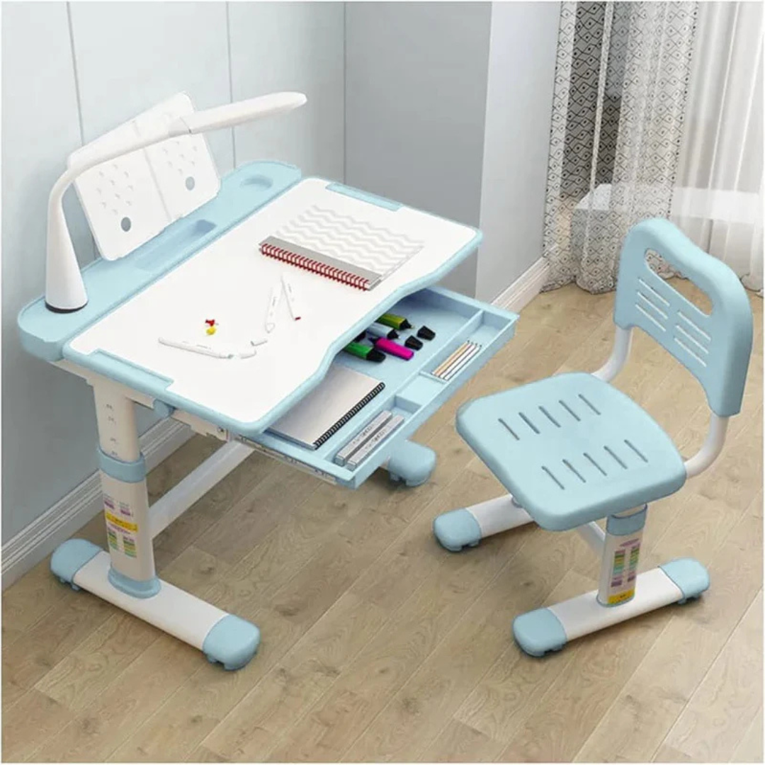 Kids Study Desk and Chair Set, Height Adjustable Children Furniture Set with Lamp