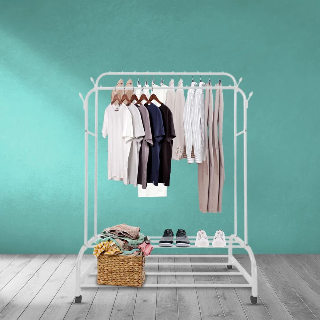 Garment Rack, Cloth Organizer Stand with Bottom Double Layer Shoe Rack Shelf With Wheels