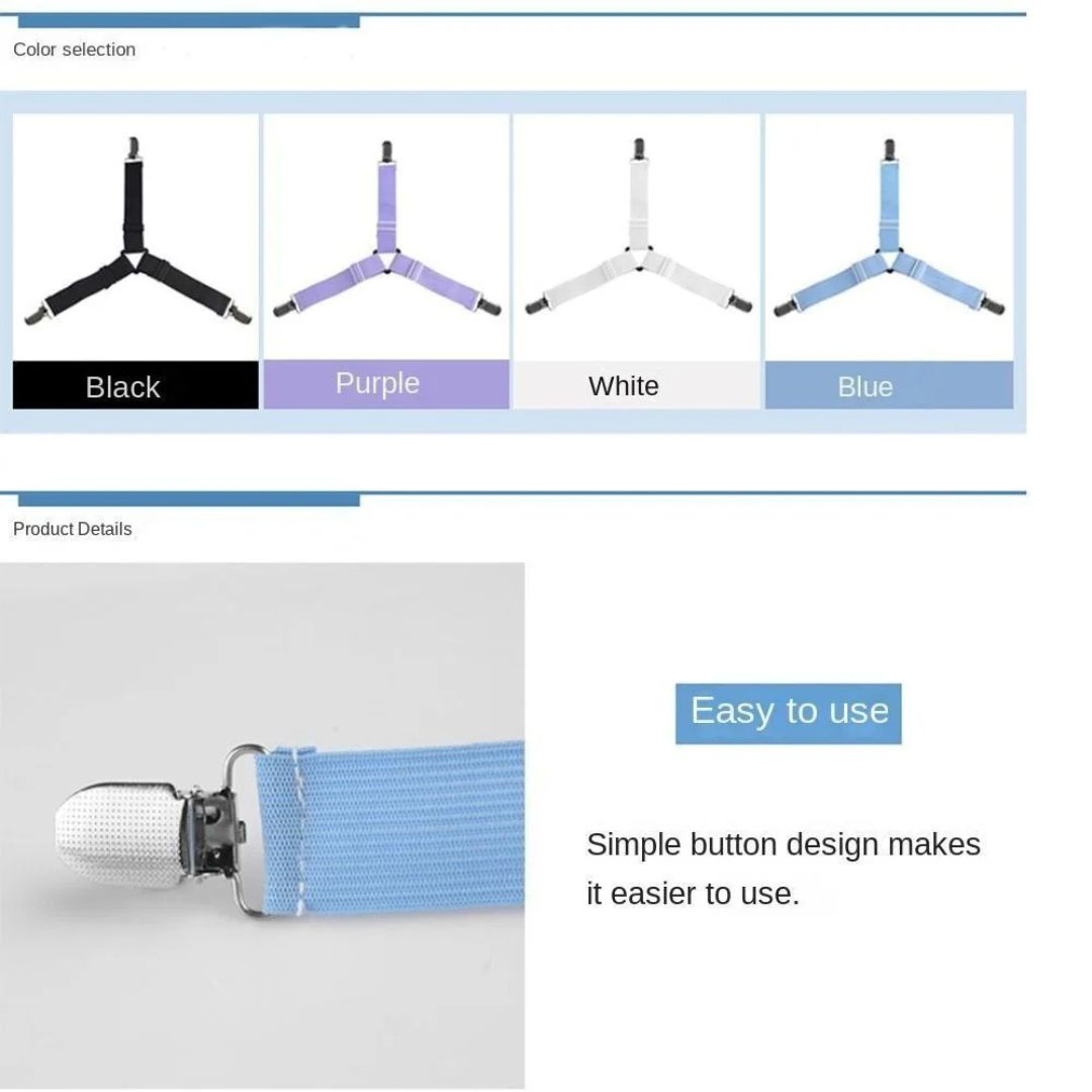 Adjustable Bed Sheet Holder Straps - Triangle Elastic Suspenders with Gripper Clips for Bedsheets, Mattresses