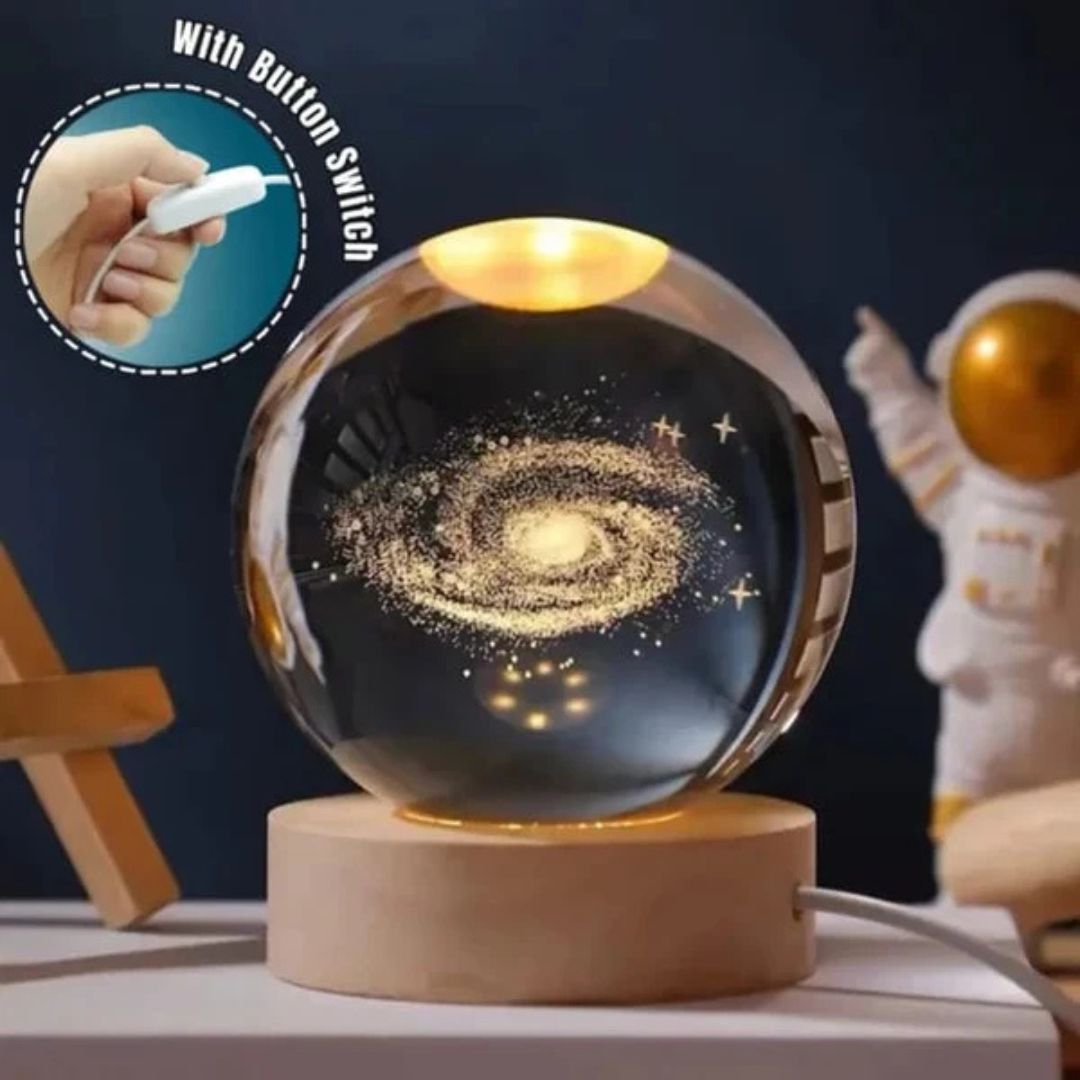 مصباح ليلي LED على شكل كرة بلورية، مصباح مجرة متوهج ثلاثي الأبعاد بقاعدة خشبية لديكور المنزل