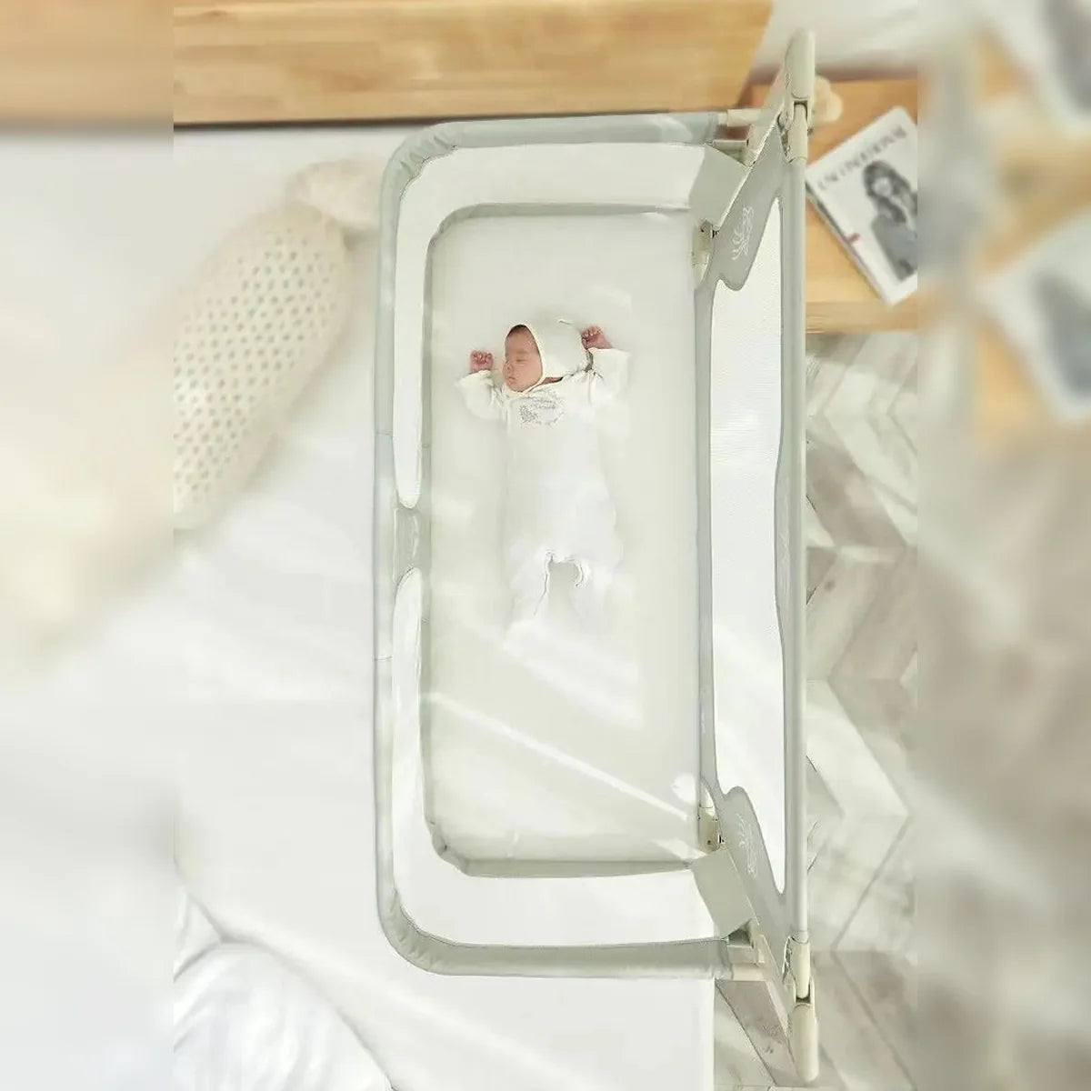 Height Adjustable Baby Bed, Guard Rail Crib for Toddlers
