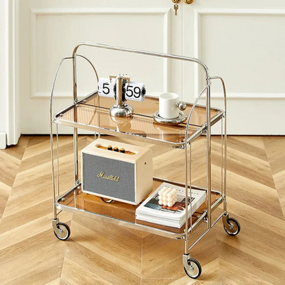 Folding 2-Tier Serving Trolley, Storage Rolling Cart, Mobile Glass Dining Rack Shelf