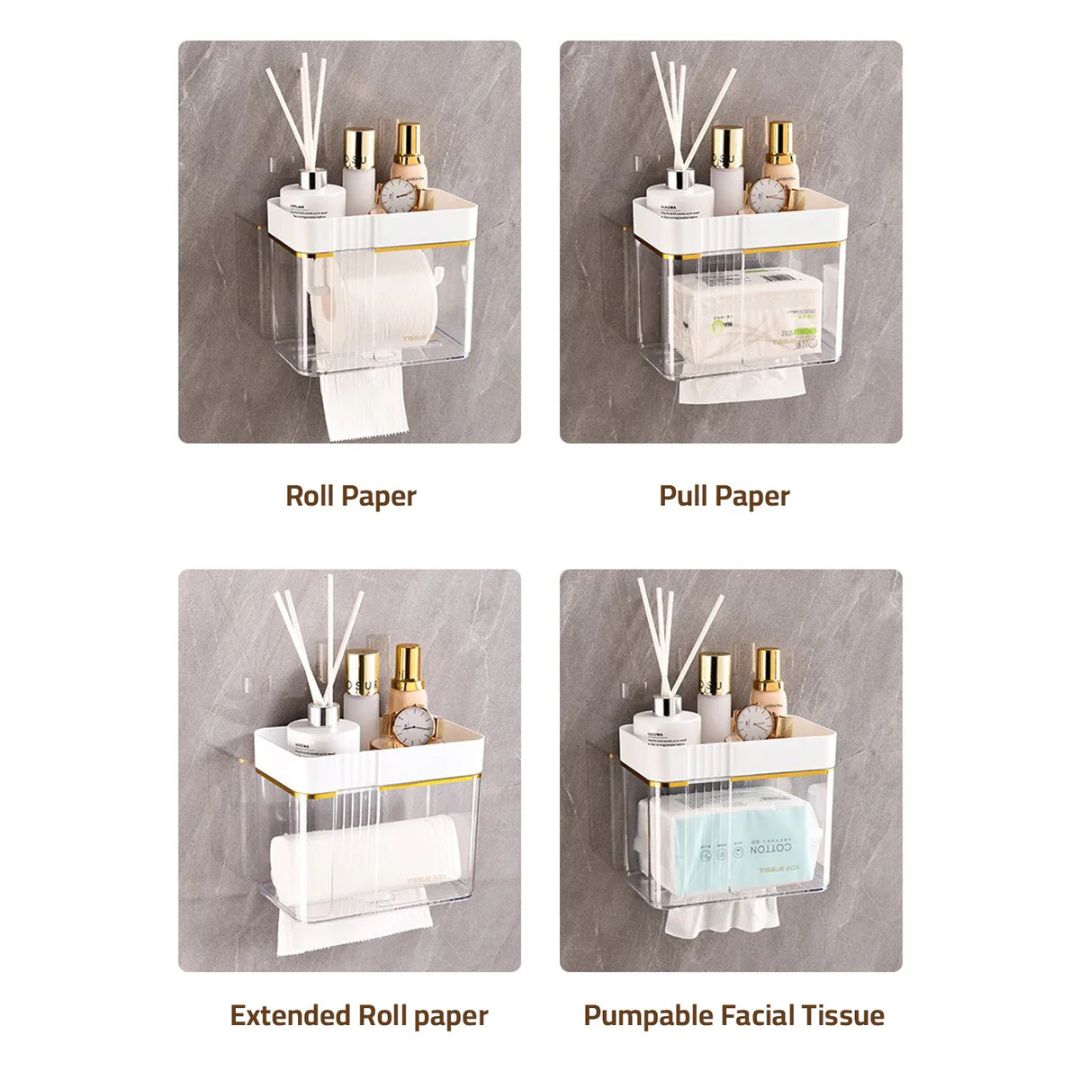 Transparent Wall-Mounted Toilet Paper Holder with Storage Shelf - for Bathroom, Kitchen