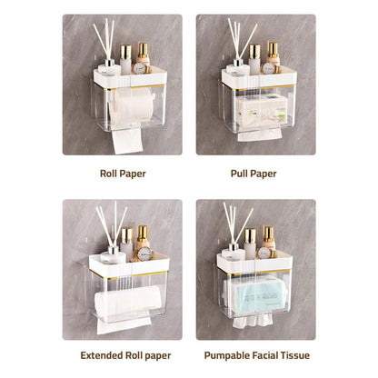 Transparent Wall-Mounted Toilet Paper Holder with Storage Shelf - for Bathroom, Kitchen