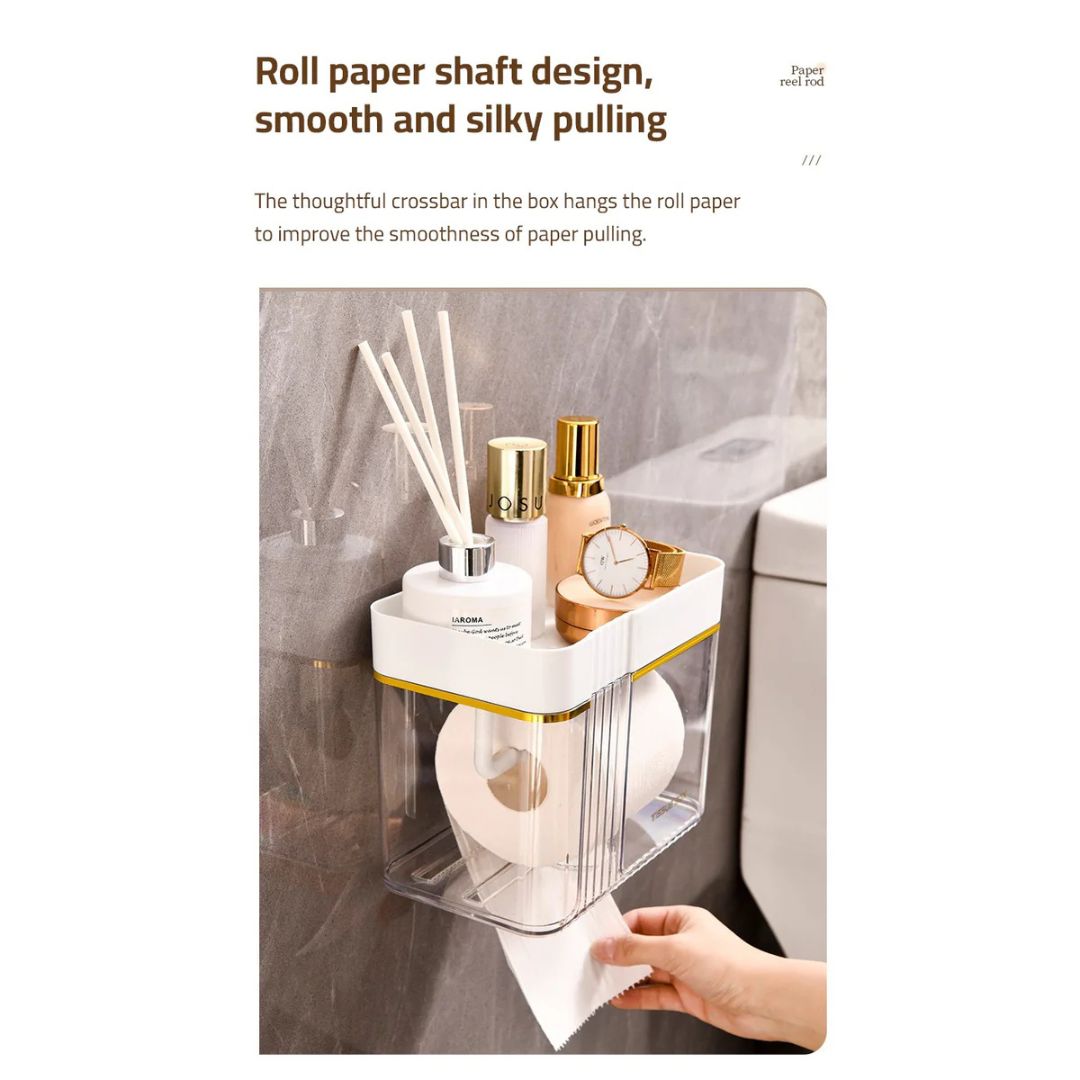 Transparent Wall-Mounted Toilet Paper Holder with Storage Shelf - for Bathroom, Kitchen